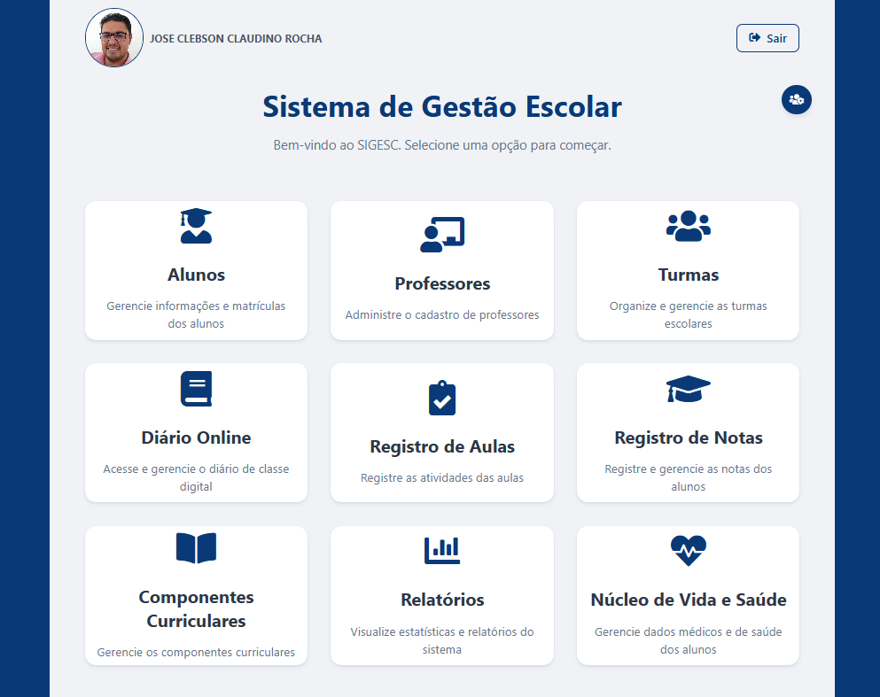 Dashboard do SIGESC mostrando interface de gestão escolar